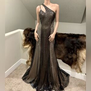 Black Sequins & Beads One Shoulder Evening Dress, Stunning Black Evening Gown